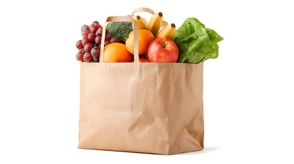 full brown paper grocery bag brimming with fresh bread, vibrant produce, and a refreshing drink on isolated white background. Perfect for healthy eating inspiration.