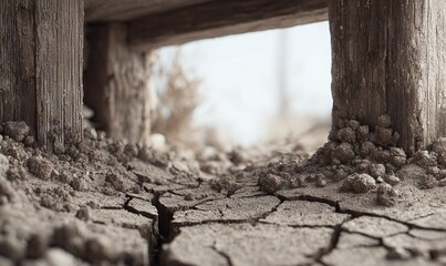 木造建築物の下部空間、乾燥した土壌、ひび割れ、土埃、木材の柱、光と影のコントラスト
