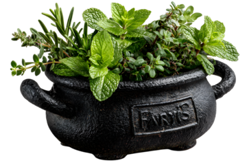 Ornate Cauldron, miniature cast iron cauldron filled with herbs rosemary, thyme, and mint leaves. Witchy Prop PNG Isolated on transparent for Halloween and Magical Fantasy Decor