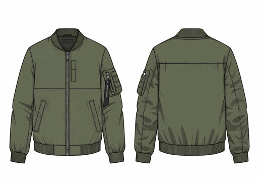 Illustration of a green bomber jacket, showing both the front and back views.