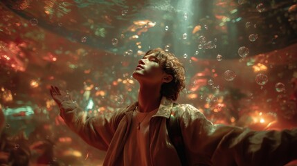 Fototapeta premium A person with their arms outstretched looks up towards a ray of light and bubbles in a surreal, dreamlike world filled with vibrant foliage.