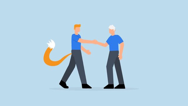 Dishonesty business deal, 4k animation of businessman shakes hands with one as a sacrificial lamb and with other as a hunting wolf