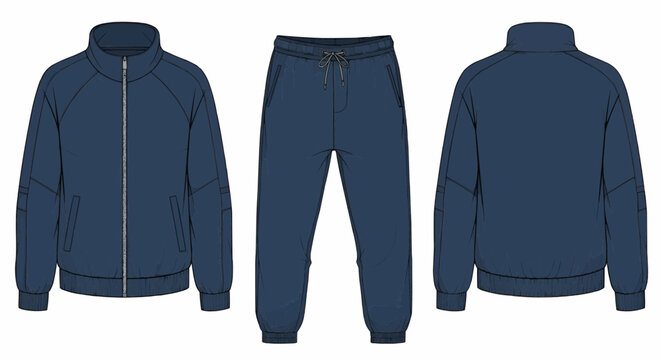 Navy blue tracksuit design showcasing front and back views of a zip-up jacket and matching joggers.