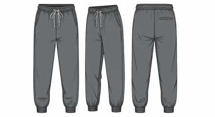 Three views of charcoal gray sweatpants; front, side, and back perspectives showcasing design details.