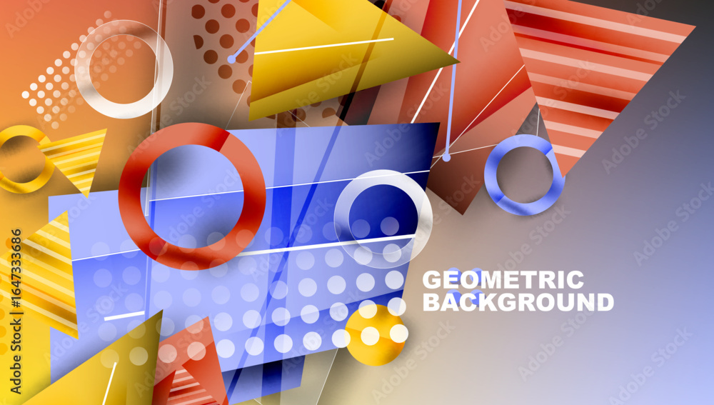 Poster abstract geometric composition. bright colors, shapes overlap creating dynamic visual effect. modern