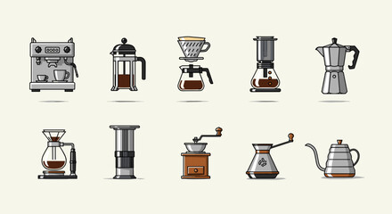 Collection of various coffee brewing methods and equipment displayed in a neat arrangement on a white background