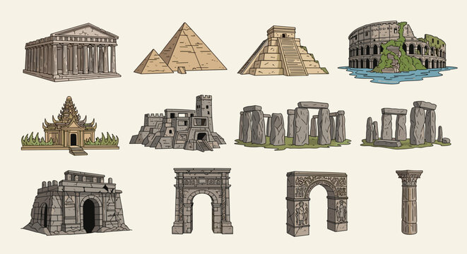 Various historical monuments and architectural structures from around the world are displayed here