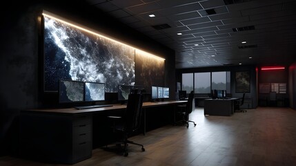 Futuristic logistics control room with digital maps and high tech lighting