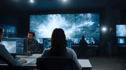 High tech control room with digital maps and lighting