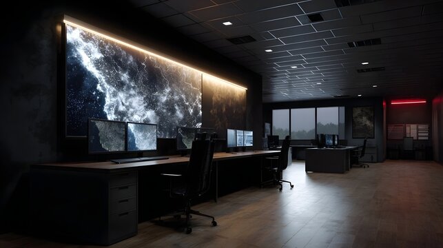 Futuristic logistics control room with digital maps and high tech lighting
