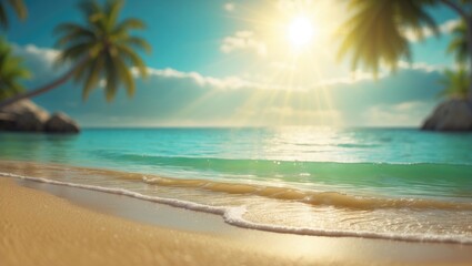 Fototapeta premium A tropical beach scene with palm trees, bright sunlight, and calm ocean waves. Summer and vacation concept. Nature and relaxation. The idea of seaside getaways and sunny escapes.
