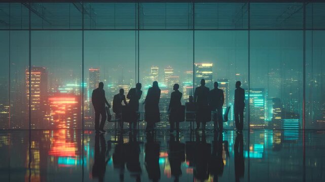 Business team silhouette walking in dark office with futuristic city night background