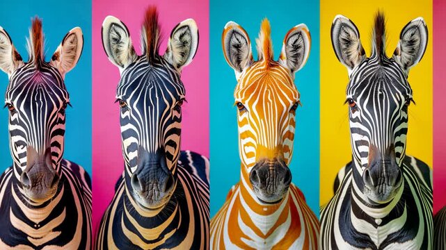 selective focus zebra stripes in bright colors like blue-pink or yellow-green