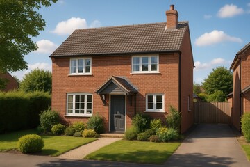 Red brick house with driveway and garden under blue sky