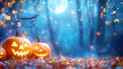 Magical Halloween night scene featuring jack-o'-lanterns, bats, and a full moon in a mystical forest.
