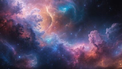 A cosmic nebula with colorful clouds and stars in space.
