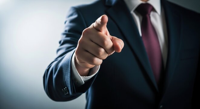 Directing Finger: A sharply dressed individual, representing authority and focus, extends their index finger toward the viewer. The composition accentuates decision making and an assertive presence.