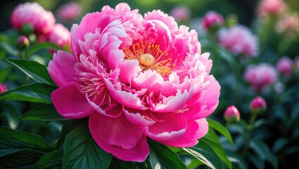 Fototapeta premium Bright pink peony flower in full bloom with green leaves, surrounded by other blooming flowers. Beautiful floral garden scene.