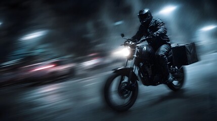Motorcycle courier riding through a night city illuminated by street lights