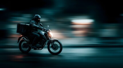 Motorcycle courier riding through the city at night