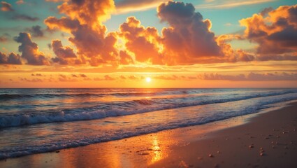 Obraz premium Sunset over the beach with clouds and waves, capturing a tranquil seaside scene at dusk.