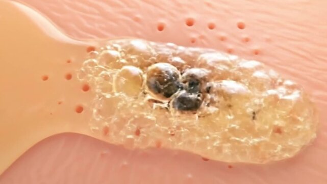 3D medical illustration showing a close-up of a clogged skin pore with sebum and impurities, forming a blackhead or comedone.