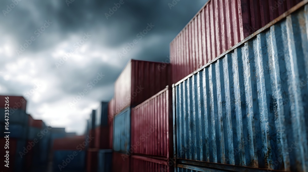 Poster Stacked shipping containers at a busy port terminal