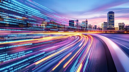 Data streams flow over a modern cityscape, illustrating digital innovation.