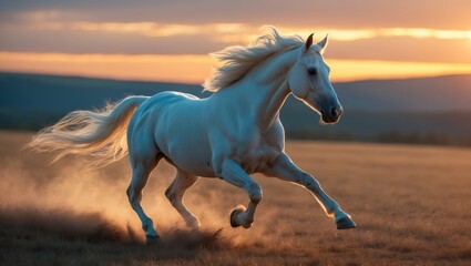 Fototapeta premium White horse running on open field during sunset.
