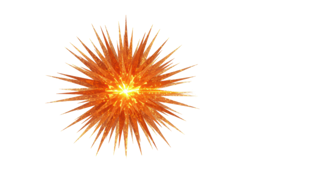 Vibrant orange and gold starburst intensely glowing with radiating lines and ethereal light particles on a transparent minimalist background, concept of innovative breakthrough
