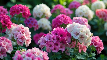 Fototapeta premium Colorful pink, white, and purple flowers in bloom, creating a vibrant and lush garden display.