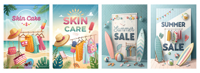 Colorful and vibrant summer sale illustrations showcasing skin care products and beach themes.