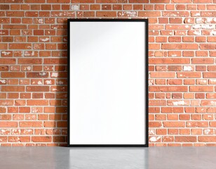 Blank vertical black frame mockup leaning against a rustic red brick wall on a concrete floor.