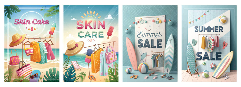 Colorful and vibrant summer sale illustrations showcasing skin care products and beach themes.