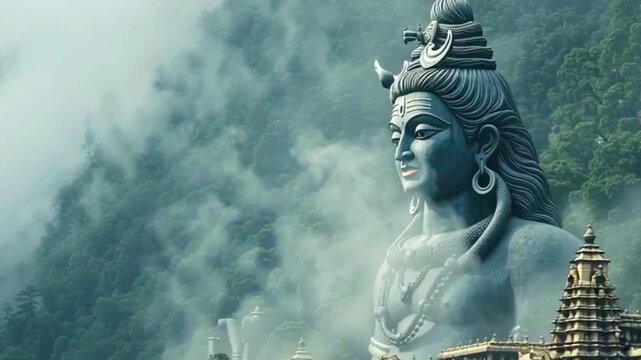 enormous shiva sculpture bust, temple and gorgeous landscape with high mountain covered in mist