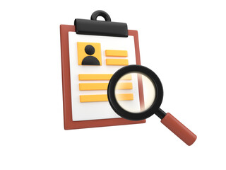 3D Illustration of a Resume or CV being Analyzed with a Magnifying Glass