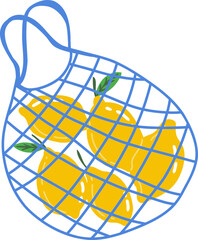 Hand-drawn digital illustration of fresh yellow lemons in a vibrant blue mesh bag. Modern, bold design perfect for kitchen art, packaging, editorial, and summer-themed creative projects.