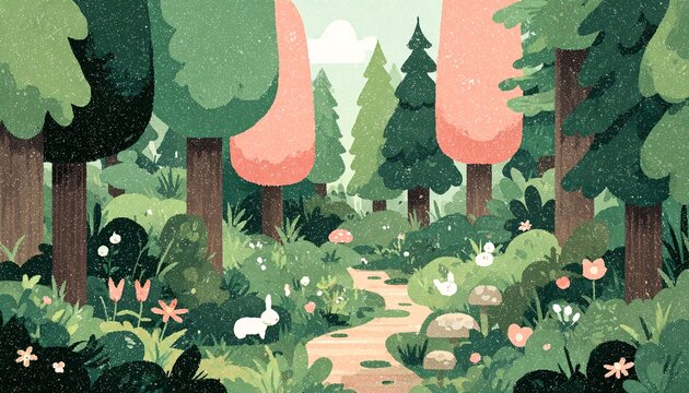 Vibrante illustrazione vettoriale di una foresta incantata con sentiero, coniglietti e funghi colorati.
