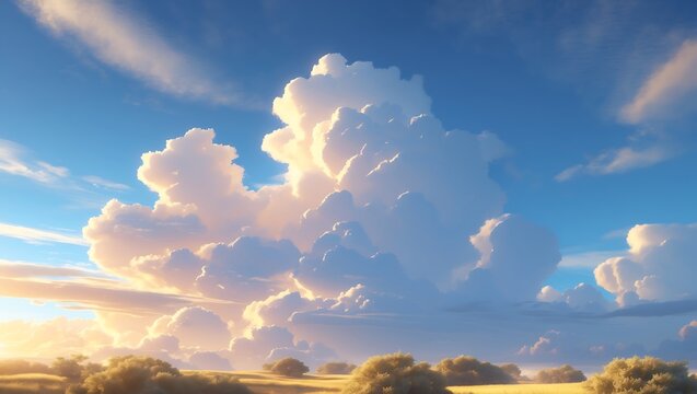 Dramatic towering cumulus clouds illuminated by golden hour light over a vast, peaceful savanna landscape.
