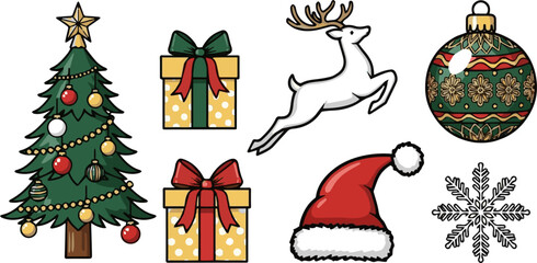 Create a kinds of deferent christmas, tree, santa, snowman, gift, xmas, holiday vector art with white background.