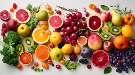 flat lay of fresh fruits and vegetables organized by color on a light background