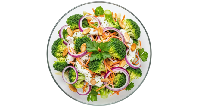 Broccoli salad with red onion and almonds isolated on transparent background