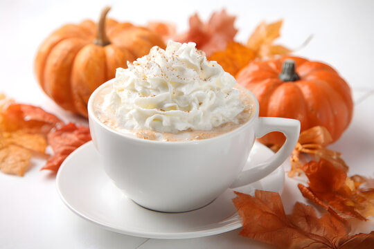 fall beverage aesthetics, pumpkin spice latte with whipped cream in a white cup, isolated on white background