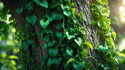Close-up of a tree trunk with green ivy leaves climbing on it in natural sunlight.