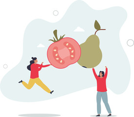 Characters carrying fresh organic vegetables.Vegetarian eating healthy food. Balanced vegan diet concept.pear and tomato.human life.