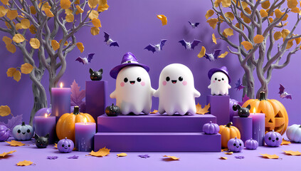 Cute ghost characters, pumpkins, and autumn leaves, in a spooky yet cheerful Halloween scene