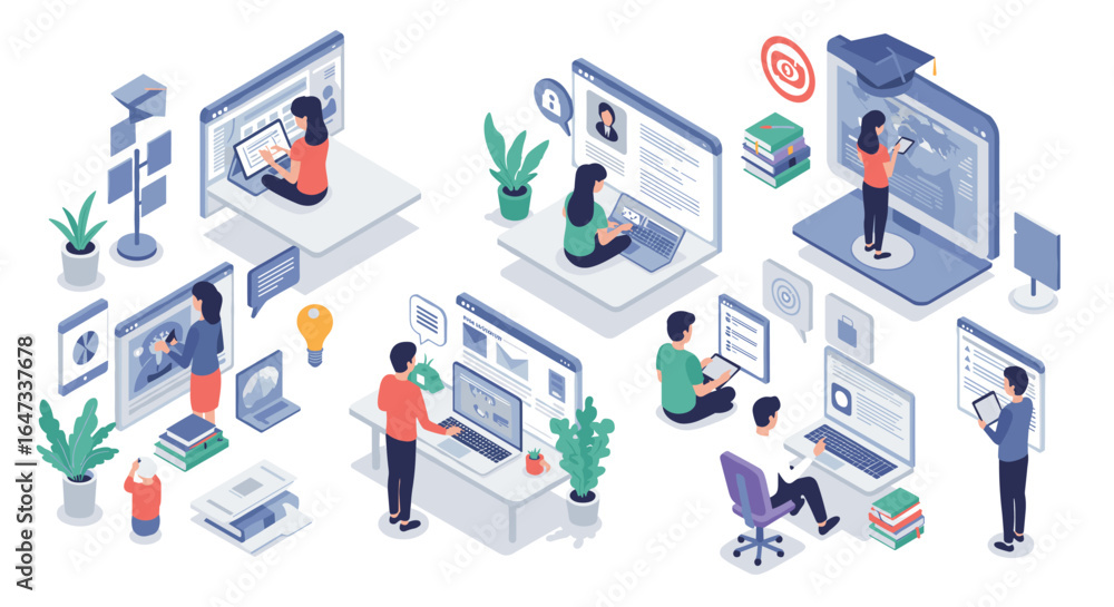 Poster isometric online learning and remote work concepts with diverse people and technology elements