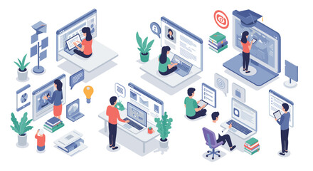 Isometric online learning and remote work concepts with diverse people and technology elements