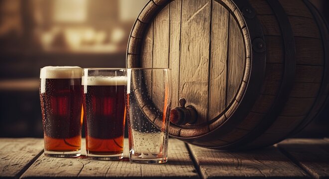 Wooden beer barrel with pint glasses in front, warm vintage tones