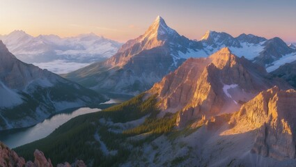 Spectacular mountain landscape with snow-capped peaks, lush green valleys, and a tranquil lake at sunrise.